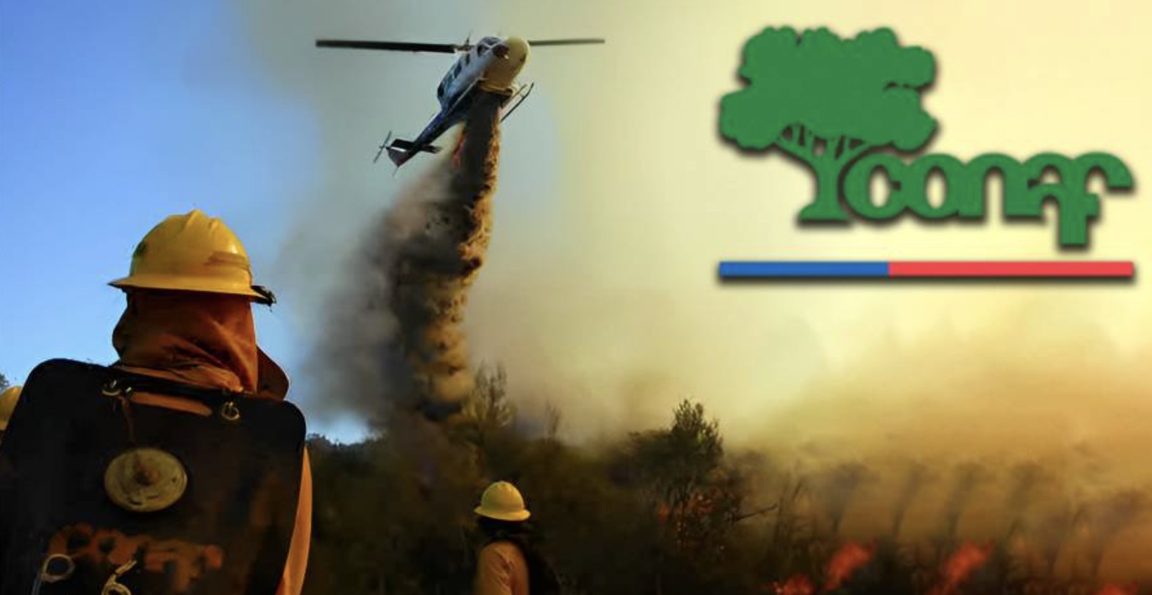 Brigadista forestal observa un helicóptero de CONAF descargando agua durante el combate de un incendio